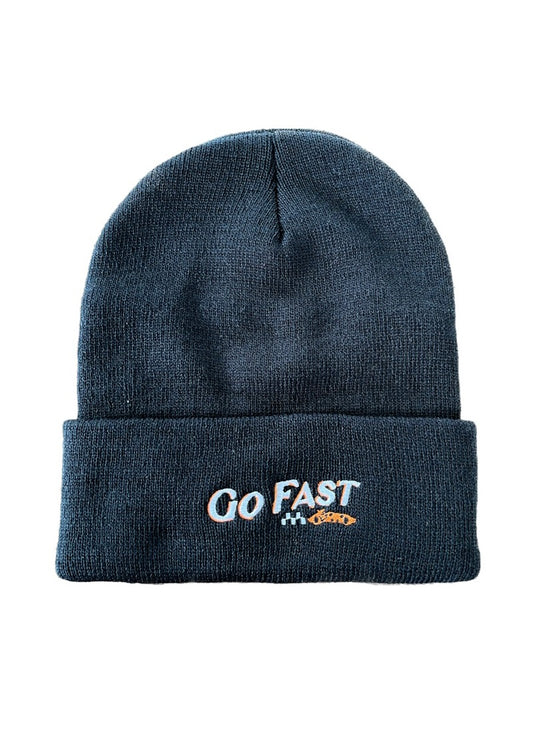 Black beanie with white embroidered text Go Fast with orange car and white checkers